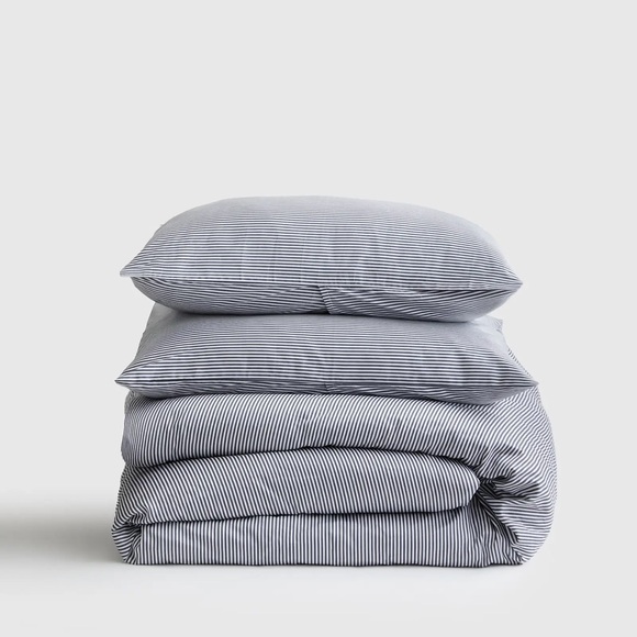 Quince Cotton Percale Full/Queen Duvet Cover Set with Shams, Oxford Stripe - Picture 14 of 15